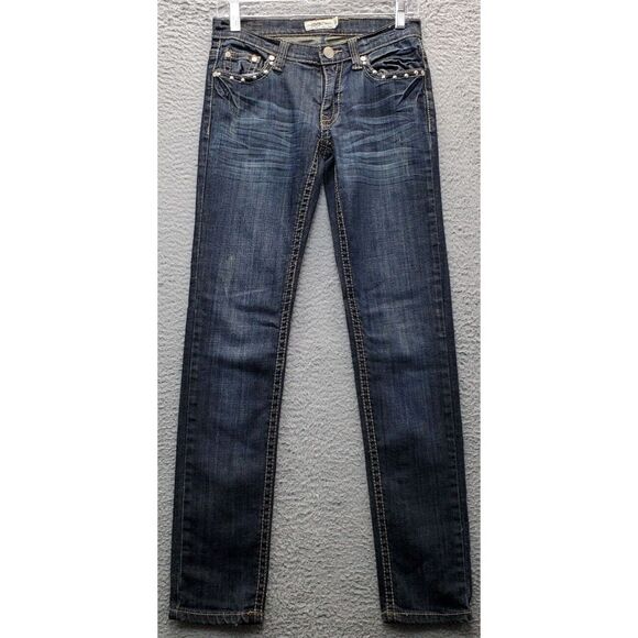 LoLo Jeans Women‎ Size 3 Blue Denim Stretch Cotton Low Rise Studded Straight Leg - Picture 1 of 7